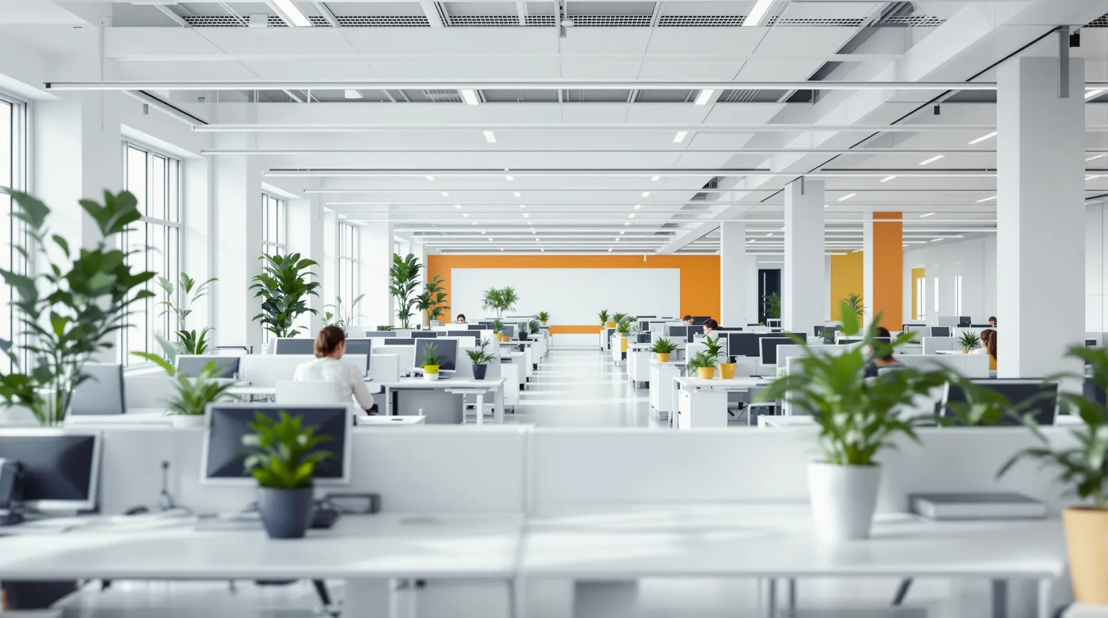 Piso de operación de un contact center luminoso con escritorios blancos, monitores y plantas.