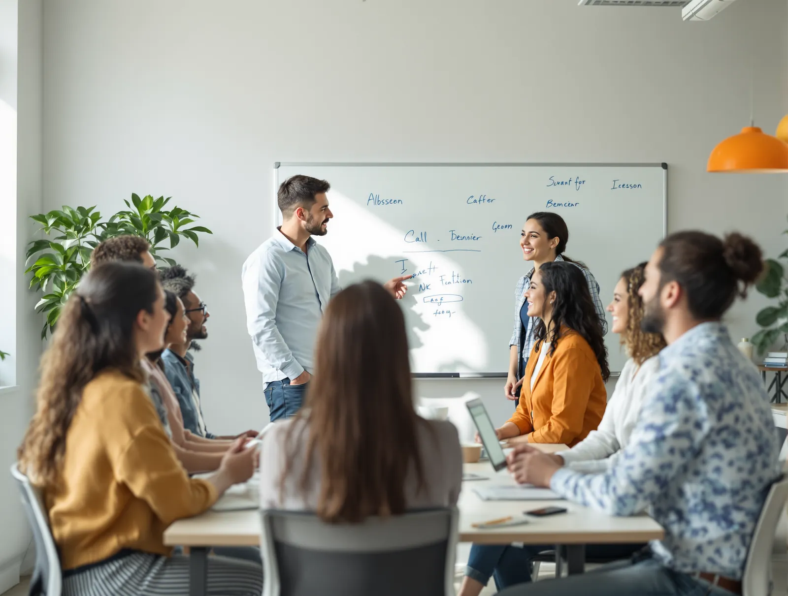 Grupo de nuevos agentes en una sala de capacitación mientras un instructor explica en la pizarra.